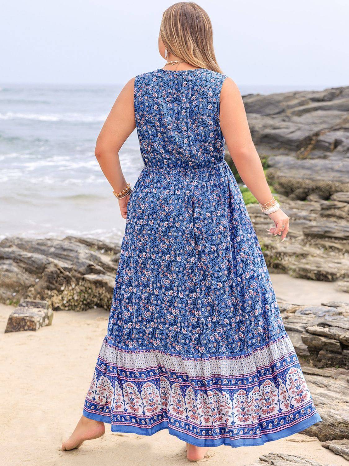 Plus Size Tied Printed Sleeveless Maxi Dress - Carri's Cache