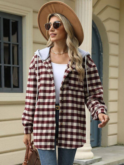 Drawstring Plaid Long Sleeve Hooded Jacket - Carri's Cache