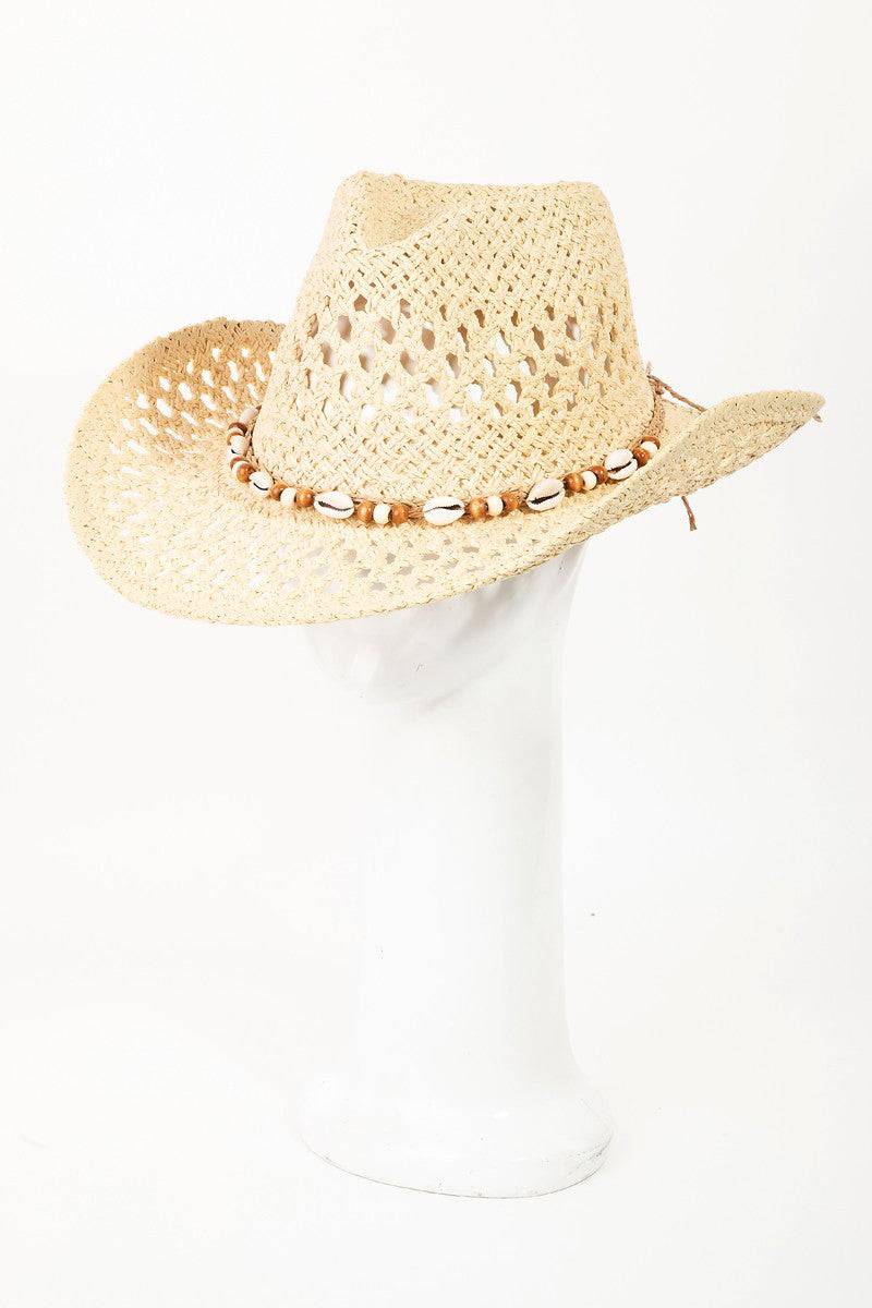 Fame Cowrie Shell Beaded String Straw Hat - Carri's Cache