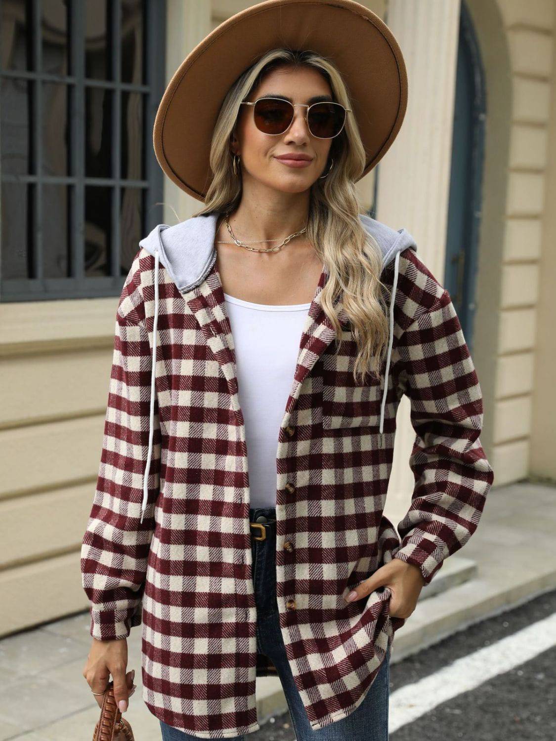 Drawstring Plaid Long Sleeve Hooded Jacket - Carri's Cache