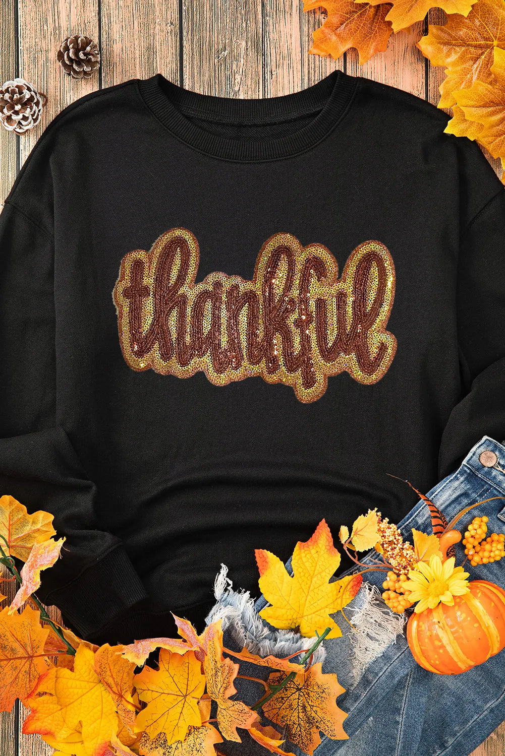 THANKFUL Round Neck Long Sleeve Sweatshirt - Carri's Cache