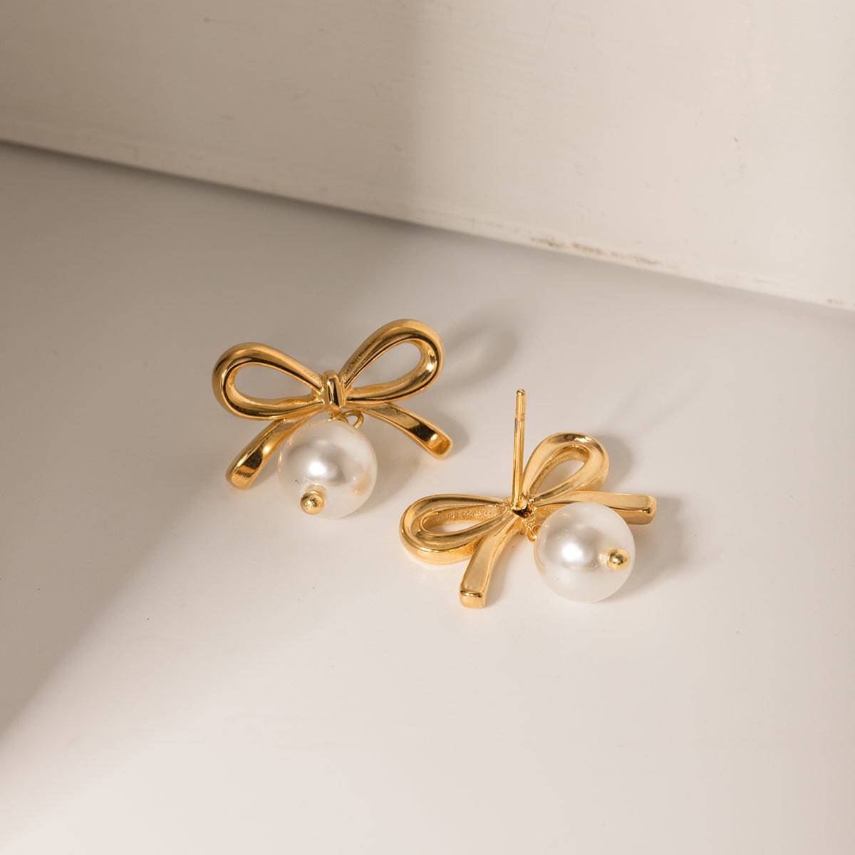 Stainless Steel Bow Pearl Earrings - Carri's Cache