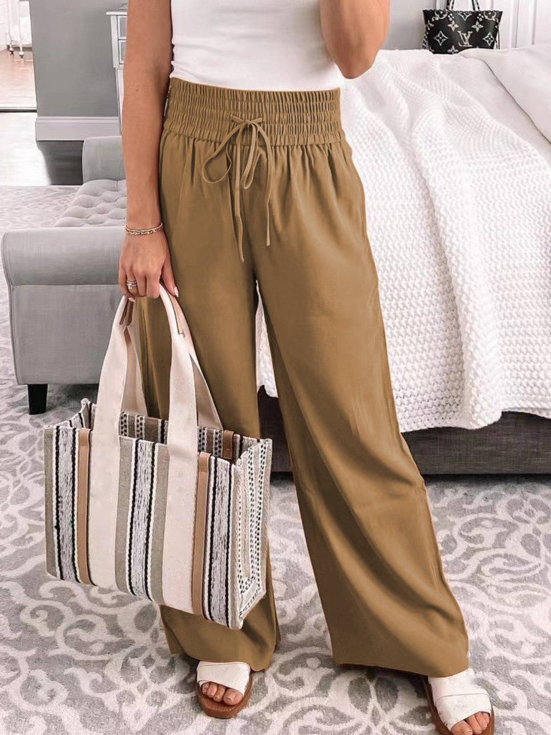 Full Size Drawstring High Waist Wide Leg Pants