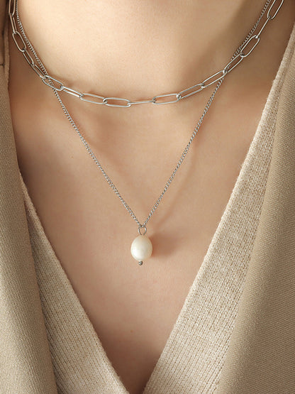 Freshwater Pearl Titanium Steel Double-Layered Necklace