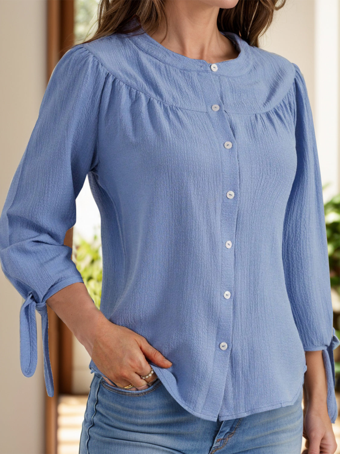 Tied Round Neck Three-Quarter Sleeve Shirt