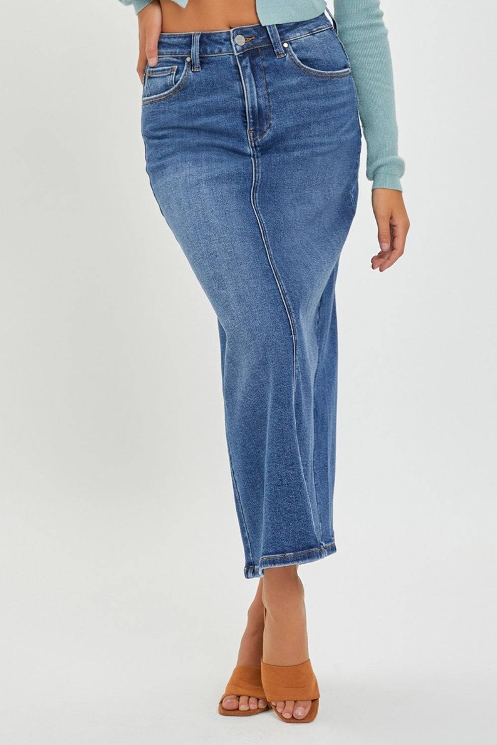 RISEN High Rise Back Slit Denim Skirt - Carri's Cache