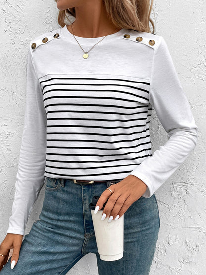 Decorative Button Striped Round Neck Long Sleeve T-Shirt - Carri's Cache