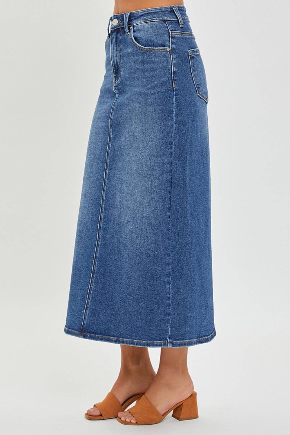 RISEN High Rise Back Slit Denim Skirt - Carri's Cache