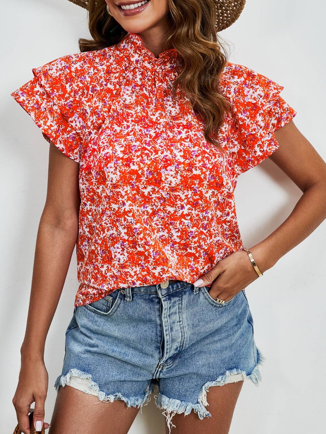 Ditsy Floral Mock Neck Flounce Sleeve Blouse - Carri's Cache