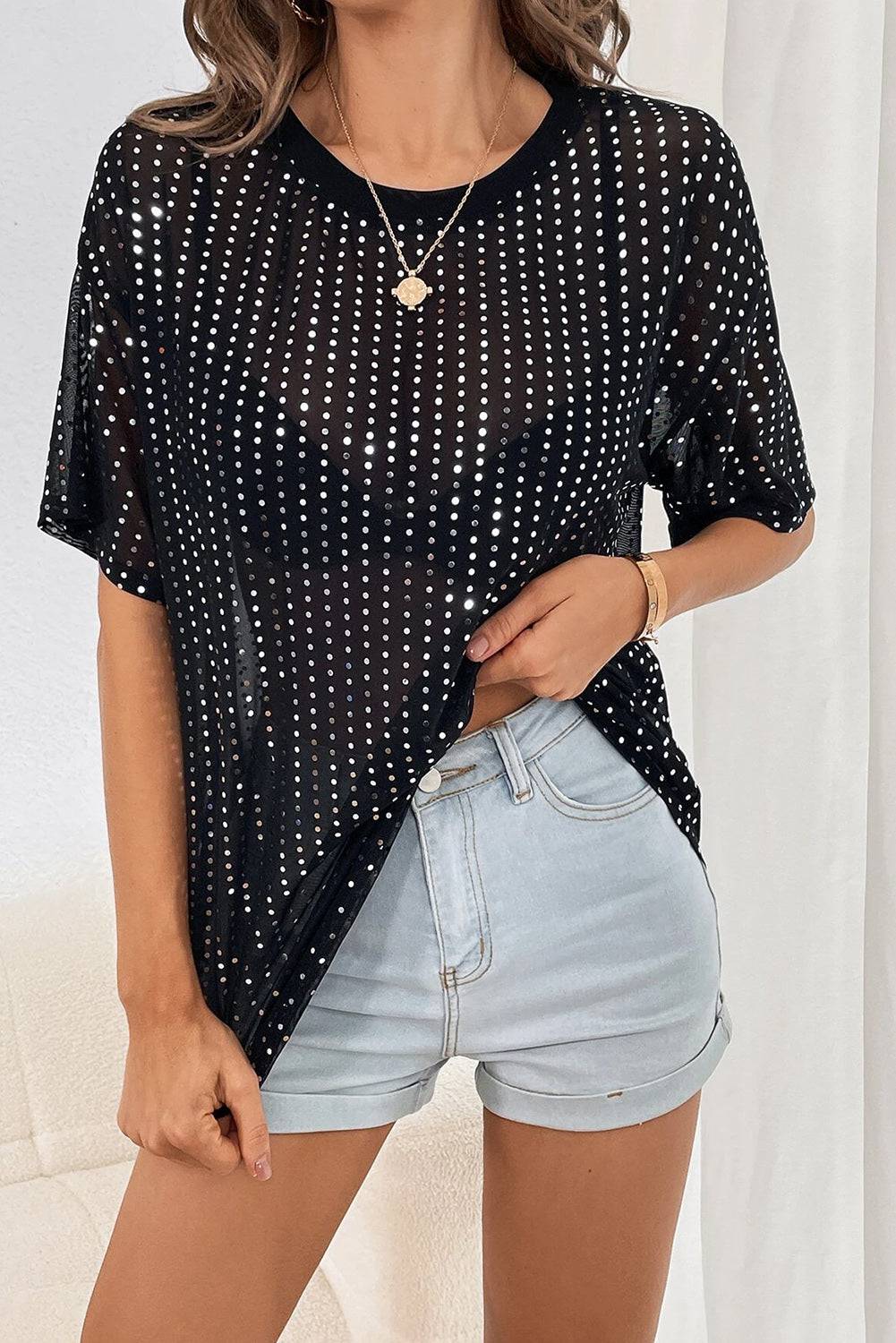 Polka Dot Round Neck Half Sleeve T-Shirt - Carri's Cache