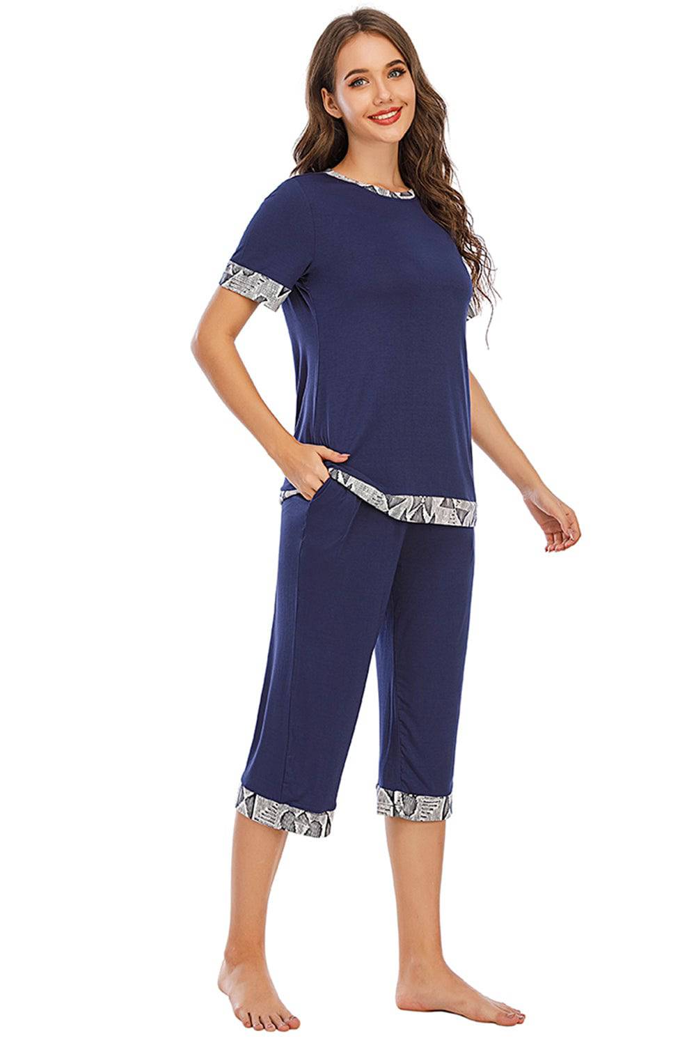 Round Neck Short Sleeve Top and Capris Pants Lounge Set - Carri's Cache