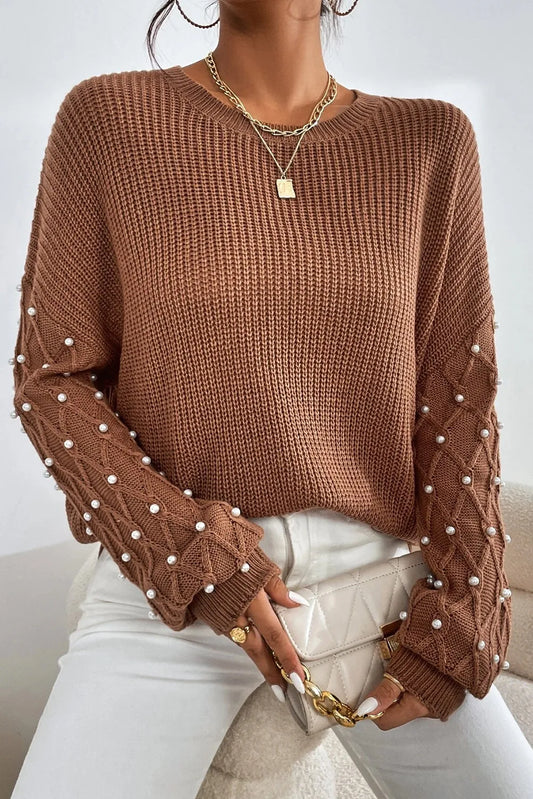 Pearl Detail Round Neck Long Sleeve Sweater - Carri's Cache