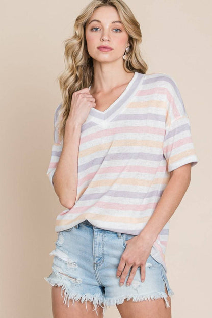 BOMBOM Striped V-Neck Short Sleeve T-Shirt - Carri's Cache