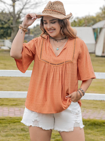 Plus Size Ruched Tie Neck Half Sleeve Blouse - Carri's Cache