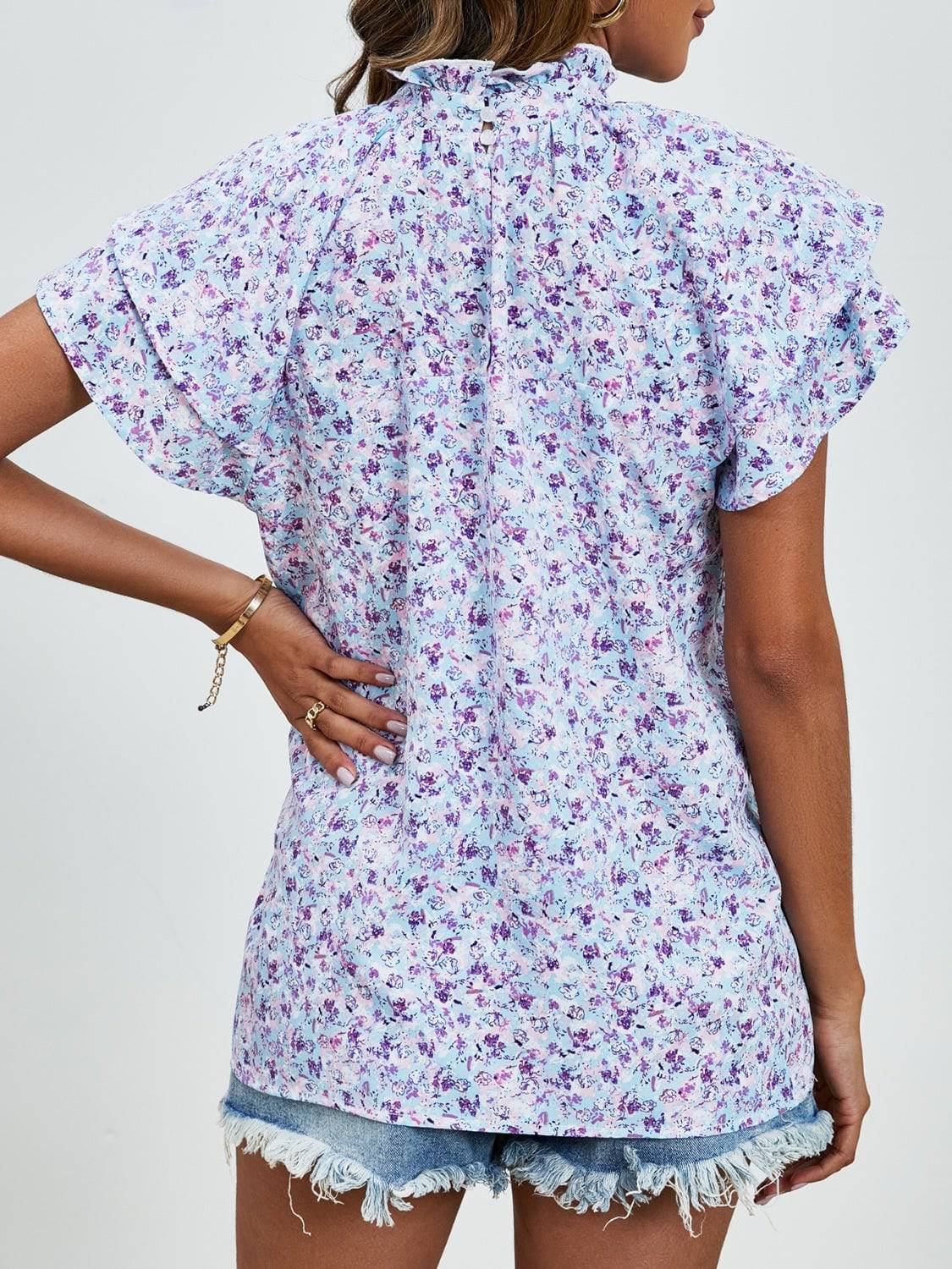 Ditsy Floral Mock Neck Flounce Sleeve Blouse - Carri's Cache