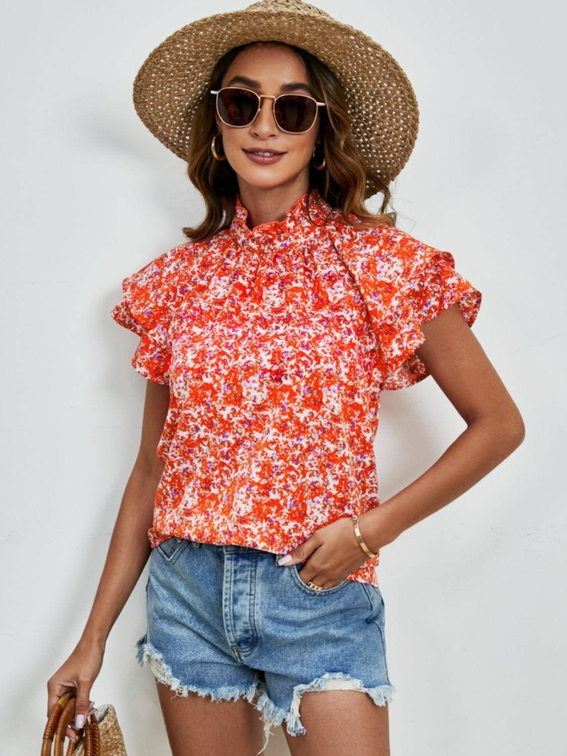 Ditsy Floral Mock Neck Flounce Sleeve Blouse - Carri's Cache