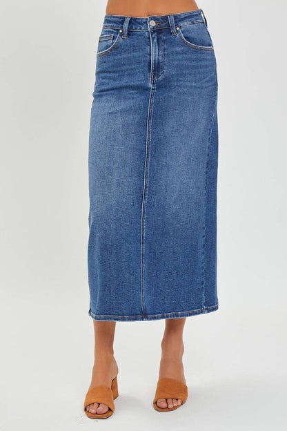 RISEN High Rise Back Slit Denim Skirt - Carri's Cache