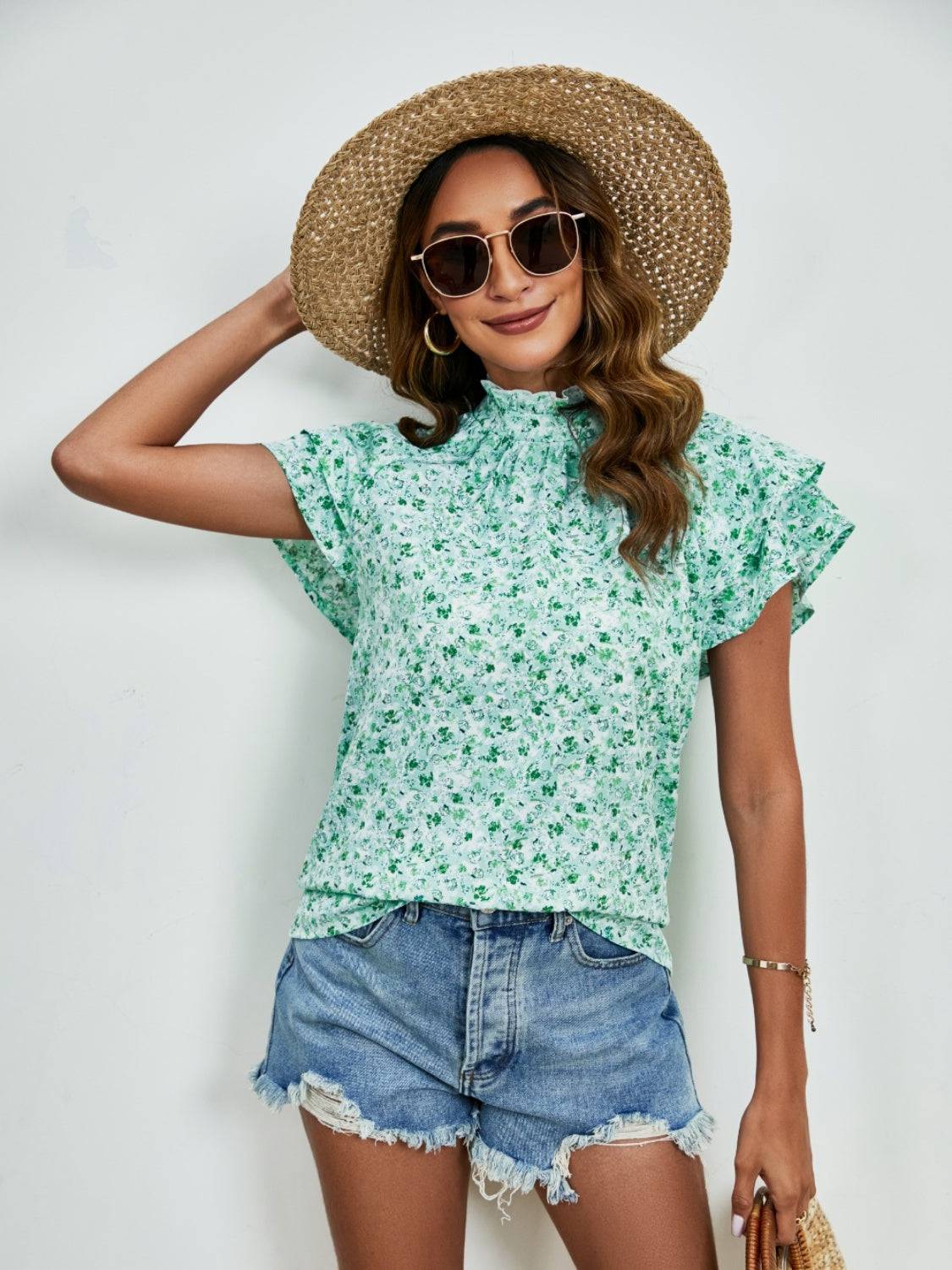 Ditsy Floral Mock Neck Flounce Sleeve Blouse - Carri's Cache