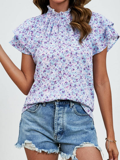 Ditsy Floral Mock Neck Flounce Sleeve Blouse - Carri's Cache