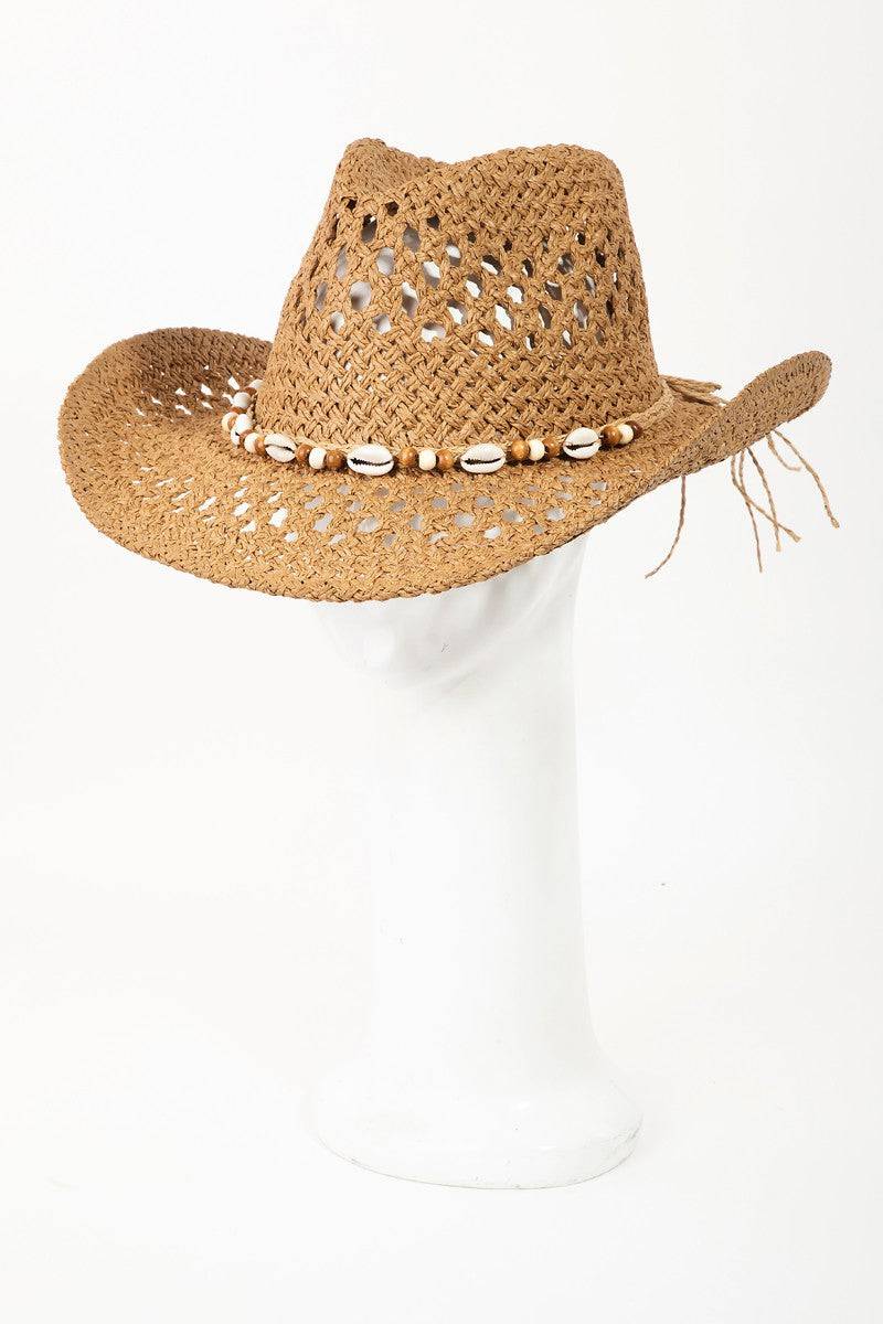 Fame Cowrie Shell Beaded String Straw Hat - Carri's Cache