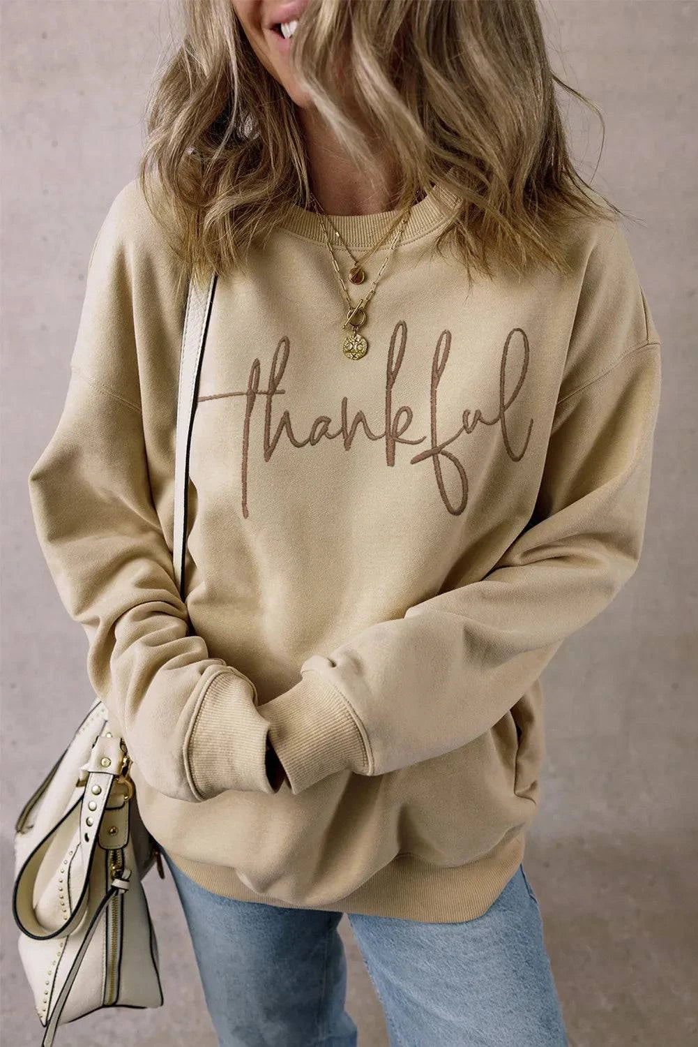 THANKFUL Round Neck Long Sleeve Sweatshirt - Carri's Cache