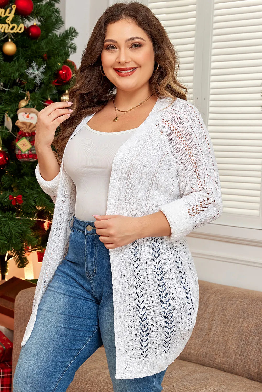 Plus Size Openwork Open Front Long Sleeve Cardigan - Carri's Cache