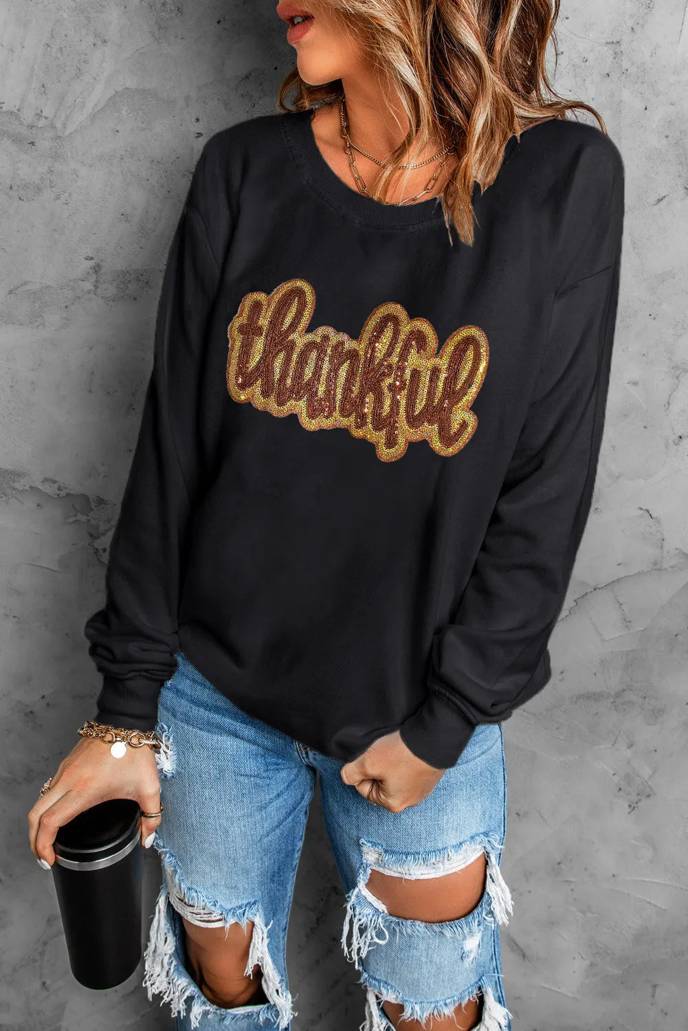 THANKFUL Round Neck Long Sleeve Sweatshirt - Carri's Cache