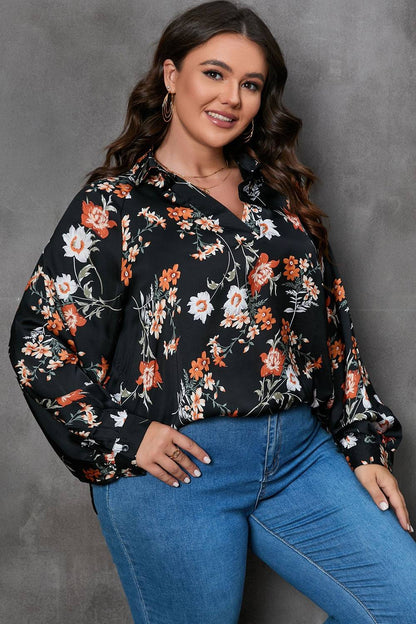 Plus Size Printed Johnny Collar Long Sleeve Blouse