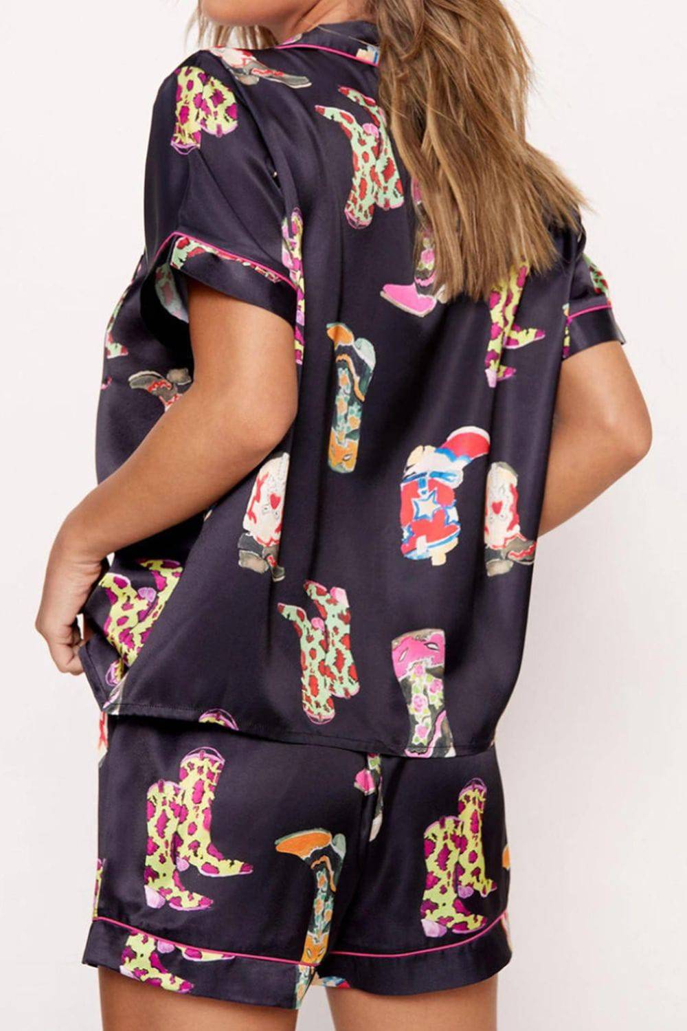 Printed Button Up Short Sleeve Top and Shorts Lounge Set - Carri's Cache