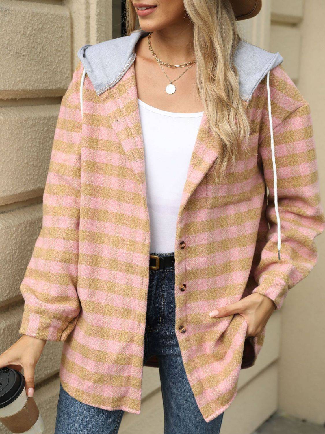 Drawstring Plaid Long Sleeve Hooded Jacket - Carri's Cache