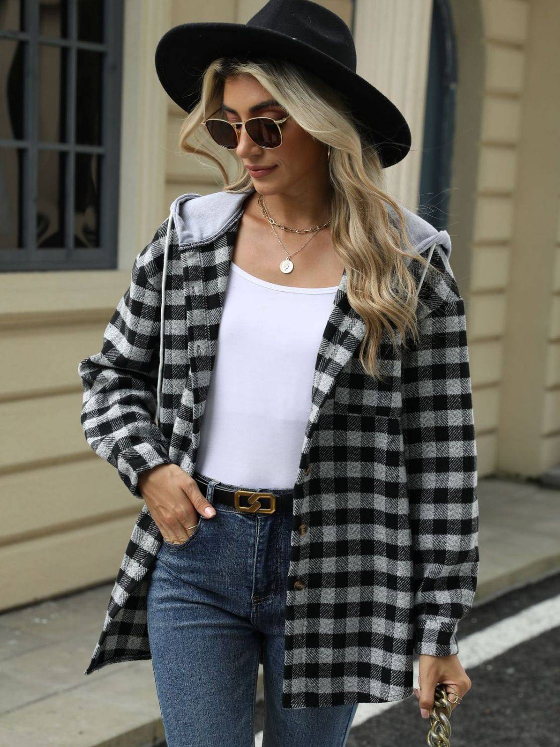 Drawstring Plaid Long Sleeve Hooded Jacket - Carri's Cache