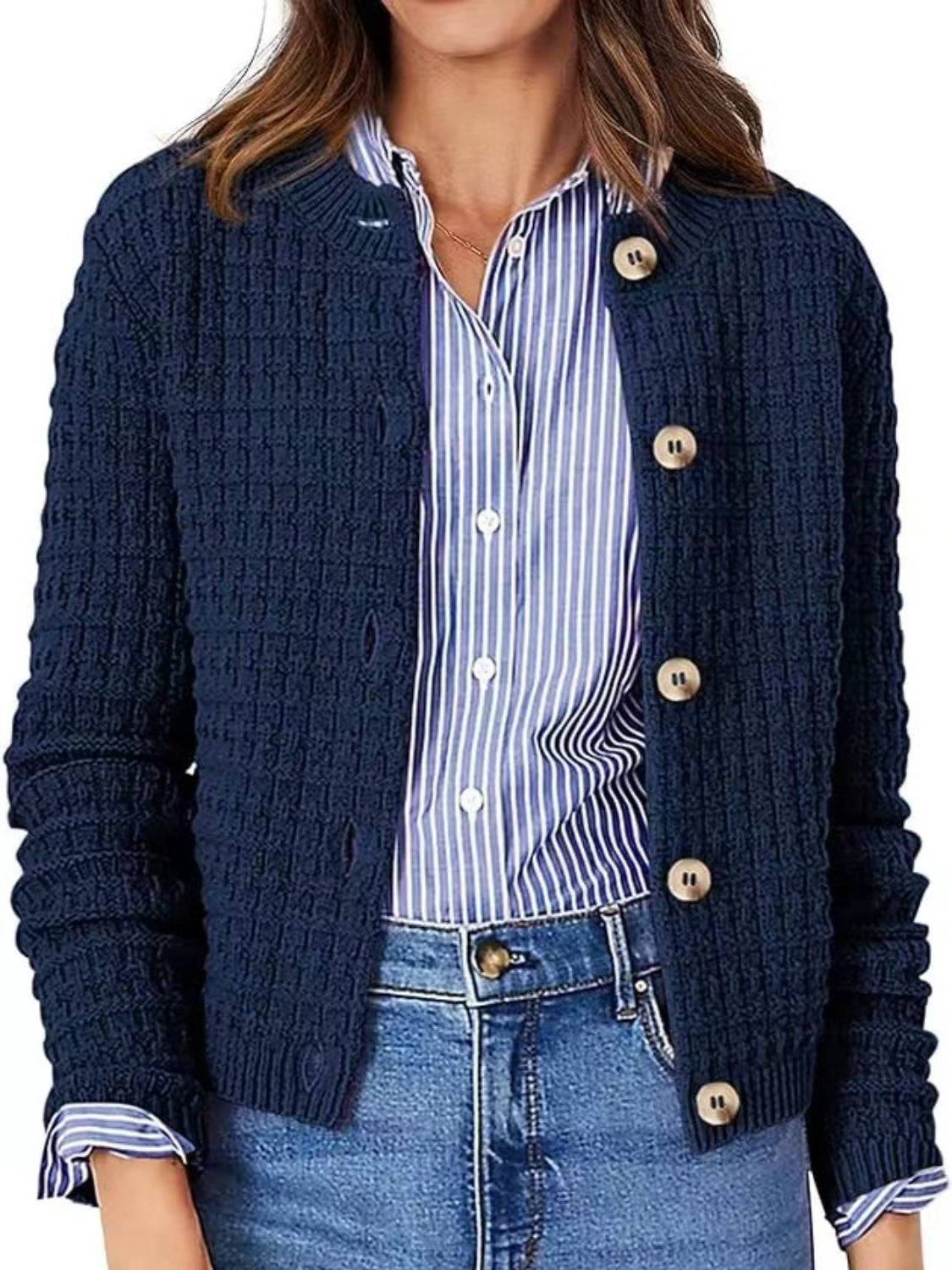 Button Up Round Neck Long Sleeve Cardigan - Carri's Cache