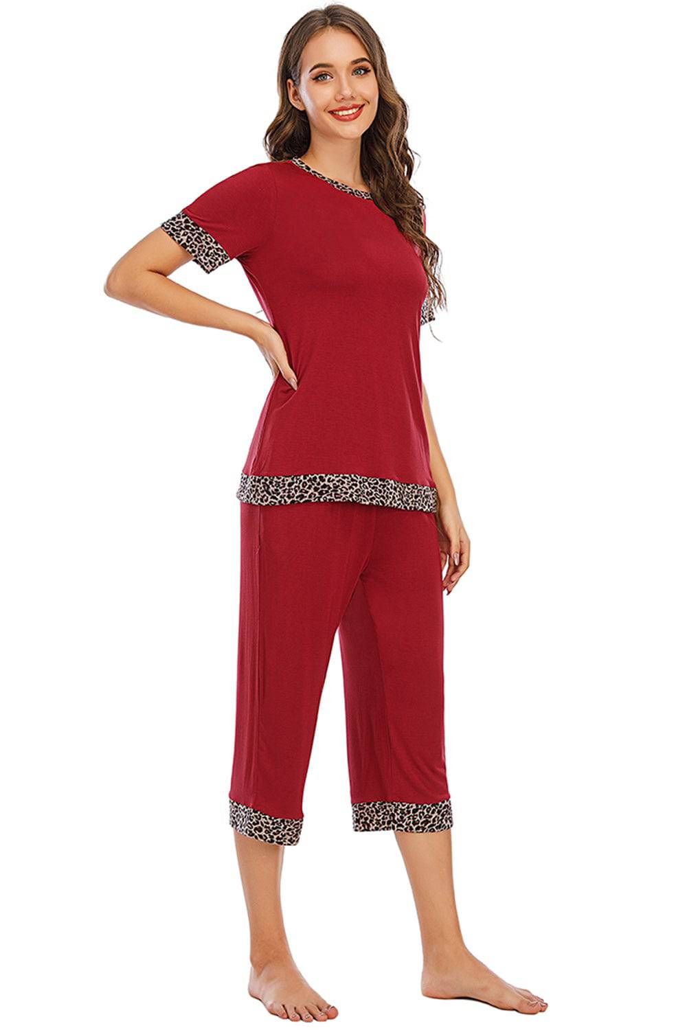 Round Neck Short Sleeve Top and Capris Pants Lounge Set - Carri's Cache