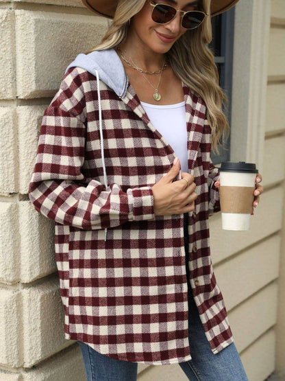 Drawstring Plaid Long Sleeve Hooded Jacket - Carri's Cache