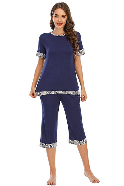 Round Neck Short Sleeve Top and Capris Pants Lounge Set - Carri's Cache