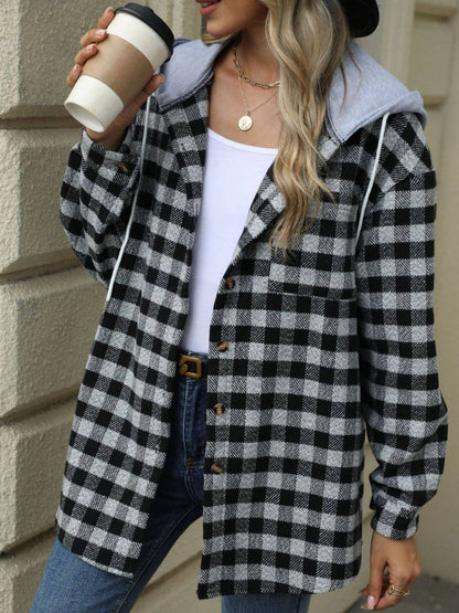 Drawstring Plaid Long Sleeve Hooded Jacket - Carri's Cache