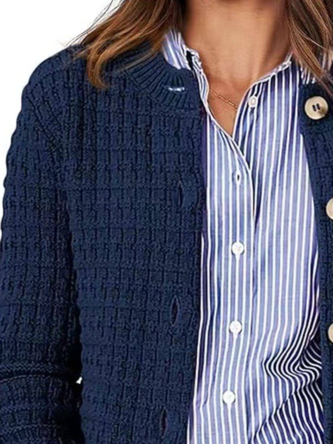 Button Up Round Neck Long Sleeve Cardigan - Carri's Cache