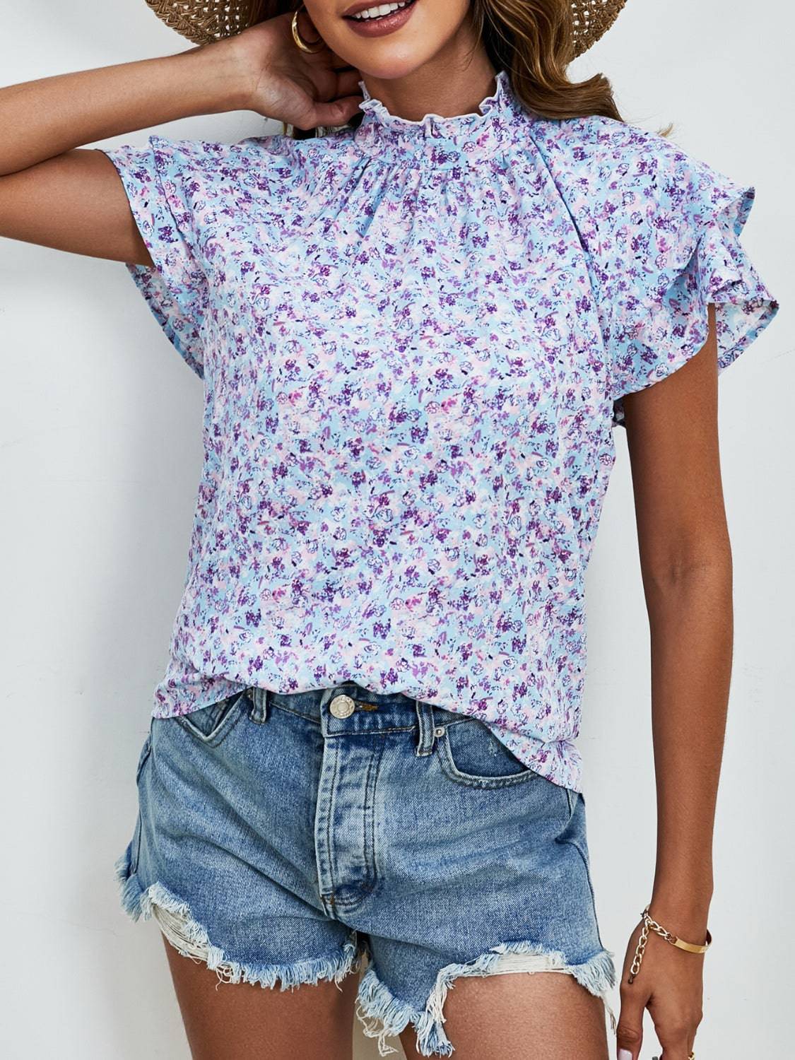 Ditsy Floral Mock Neck Flounce Sleeve Blouse - Carri's Cache