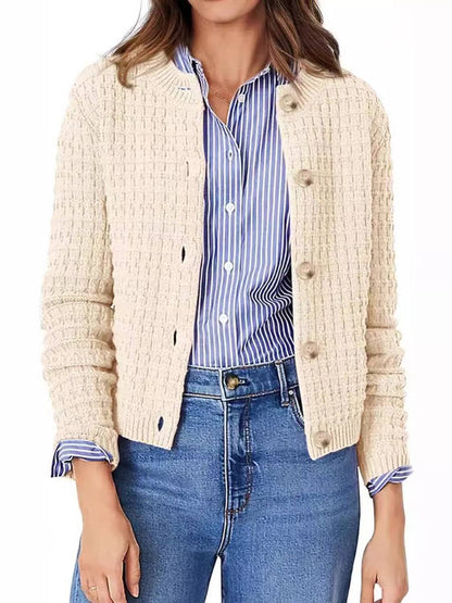 Button Up Round Neck Long Sleeve Cardigan - Carri's Cache