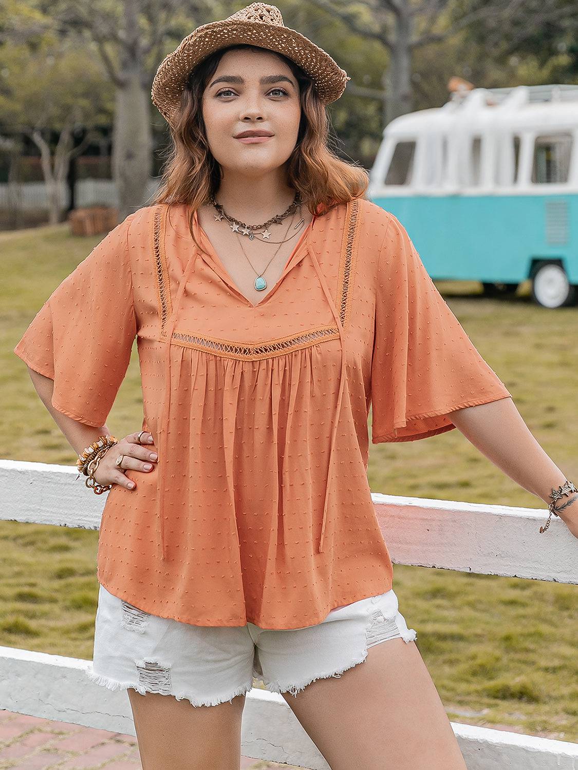 Plus Size Ruched Tie Neck Half Sleeve Blouse - Carri's Cache