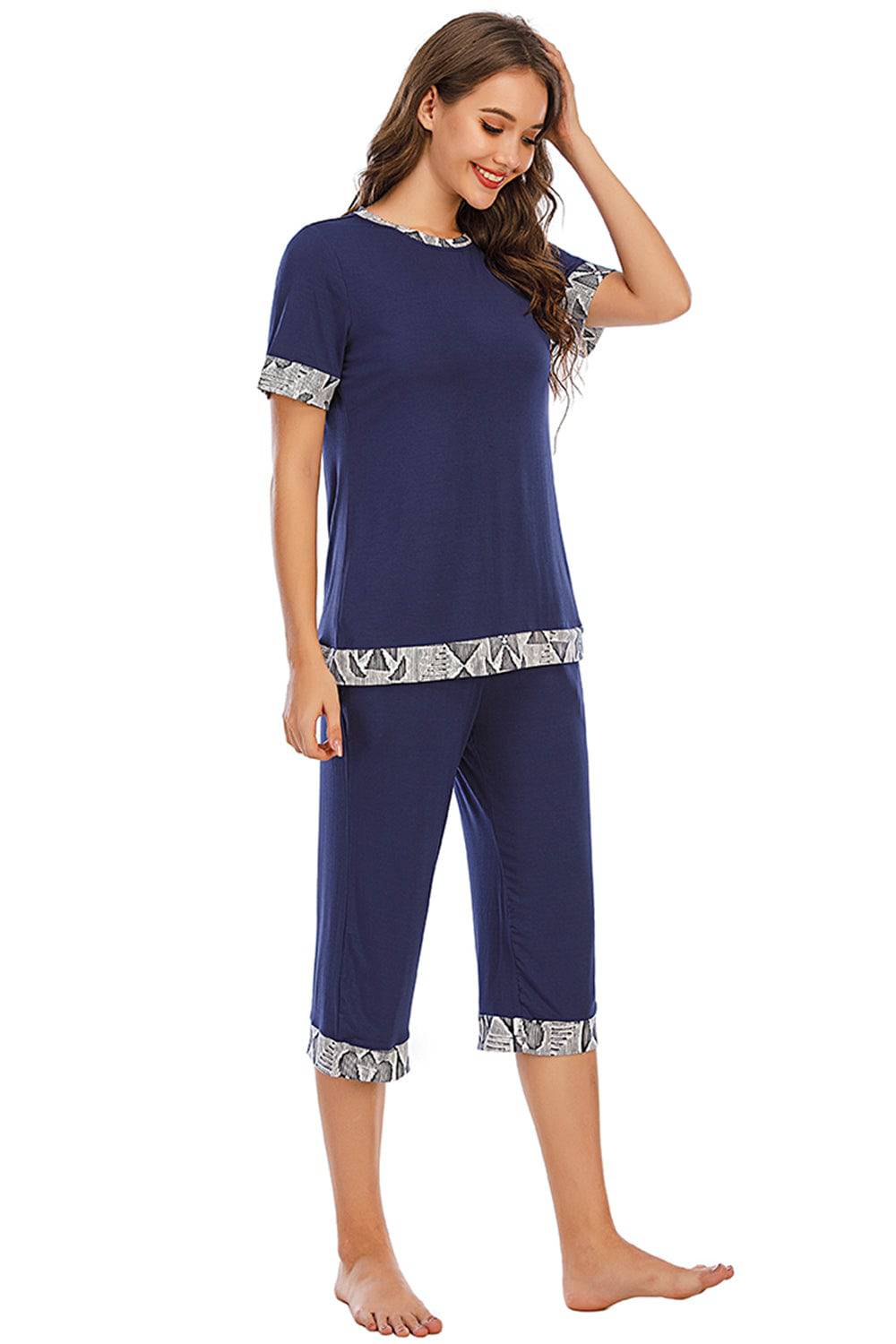 Round Neck Short Sleeve Top and Capris Pants Lounge Set - Carri's Cache