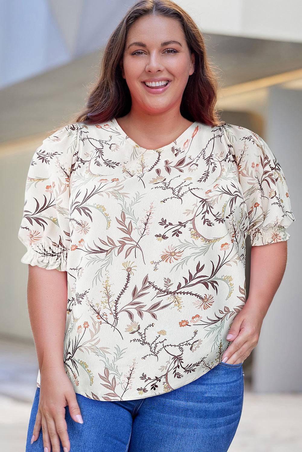 Plus Size Floral Fuff Sleeve Top - Carri's Cache