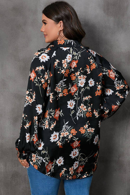 Plus Size Printed Johnny Collar Long Sleeve Blouse