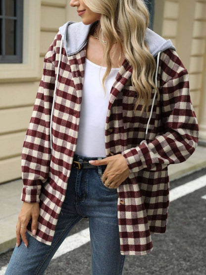 Drawstring Plaid Long Sleeve Hooded Jacket - Carri's Cache