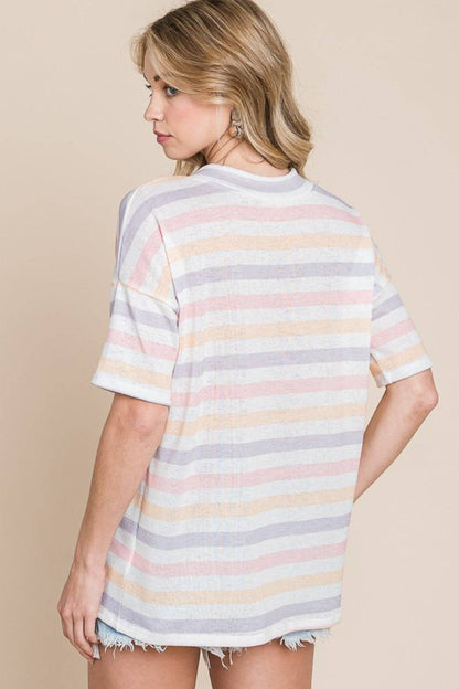 BOMBOM Striped V-Neck Short Sleeve T-Shirt - Carri's Cache