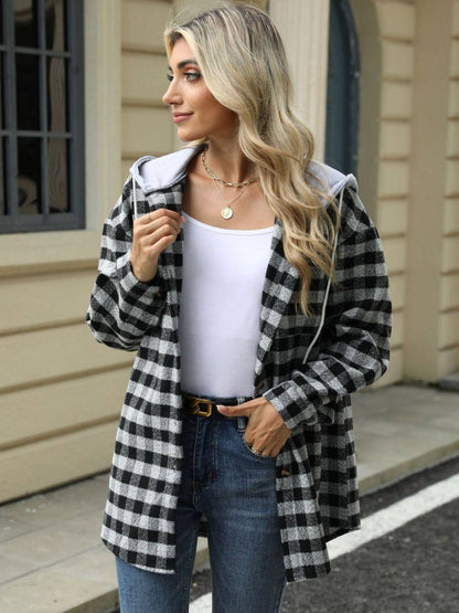 Drawstring Plaid Long Sleeve Hooded Jacket - Carri's Cache