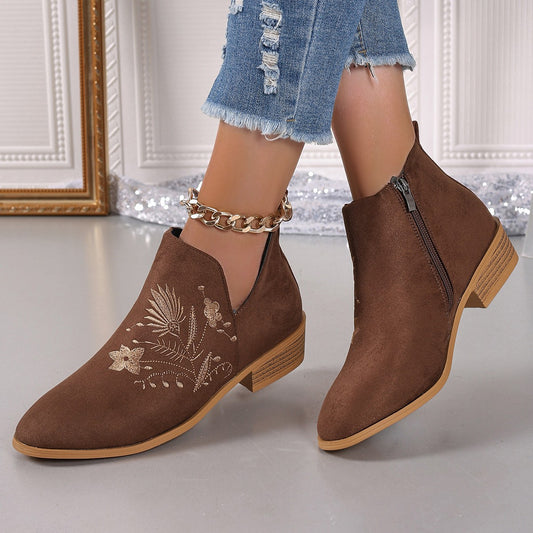 Embroidered Suede Point Toe Block Heel Boots - Carri's Cache