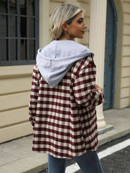 Drawstring Plaid Long Sleeve Hooded Jacket - Carri's Cache