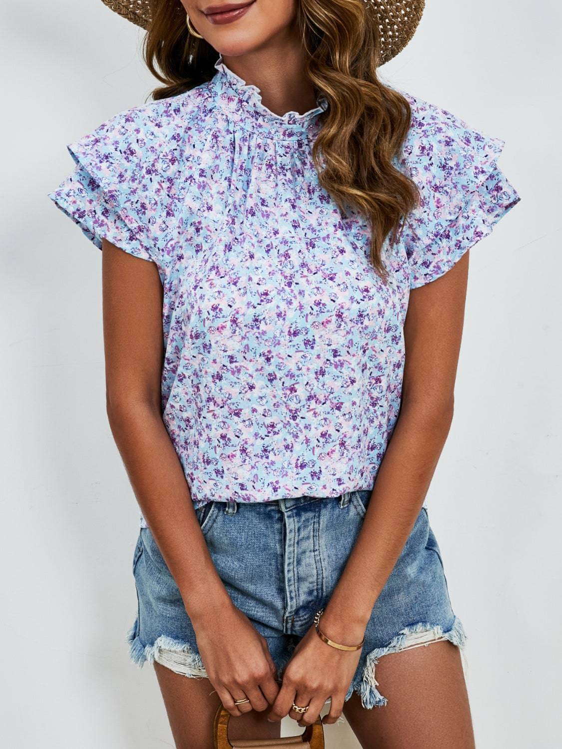 Ditsy Floral Mock Neck Flounce Sleeve Blouse - Carri's Cache