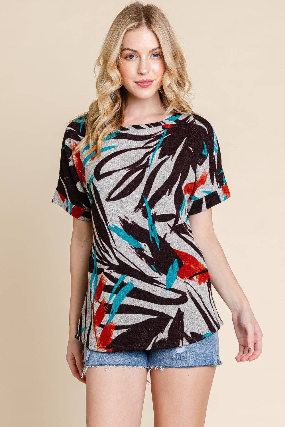 BOMBOM Printed Round Neck Short Sleeve T-Shirt - Carri's Cache